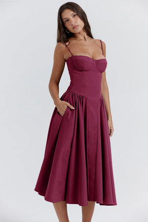 Dame Kjole – Midi, Struktureret Overdel, Plisseret Skørt, Spaghettistropper, Lommer, Elegant Stil-83506-20dc9fc4-adaa-410b-8e81-918d17f77a5a
