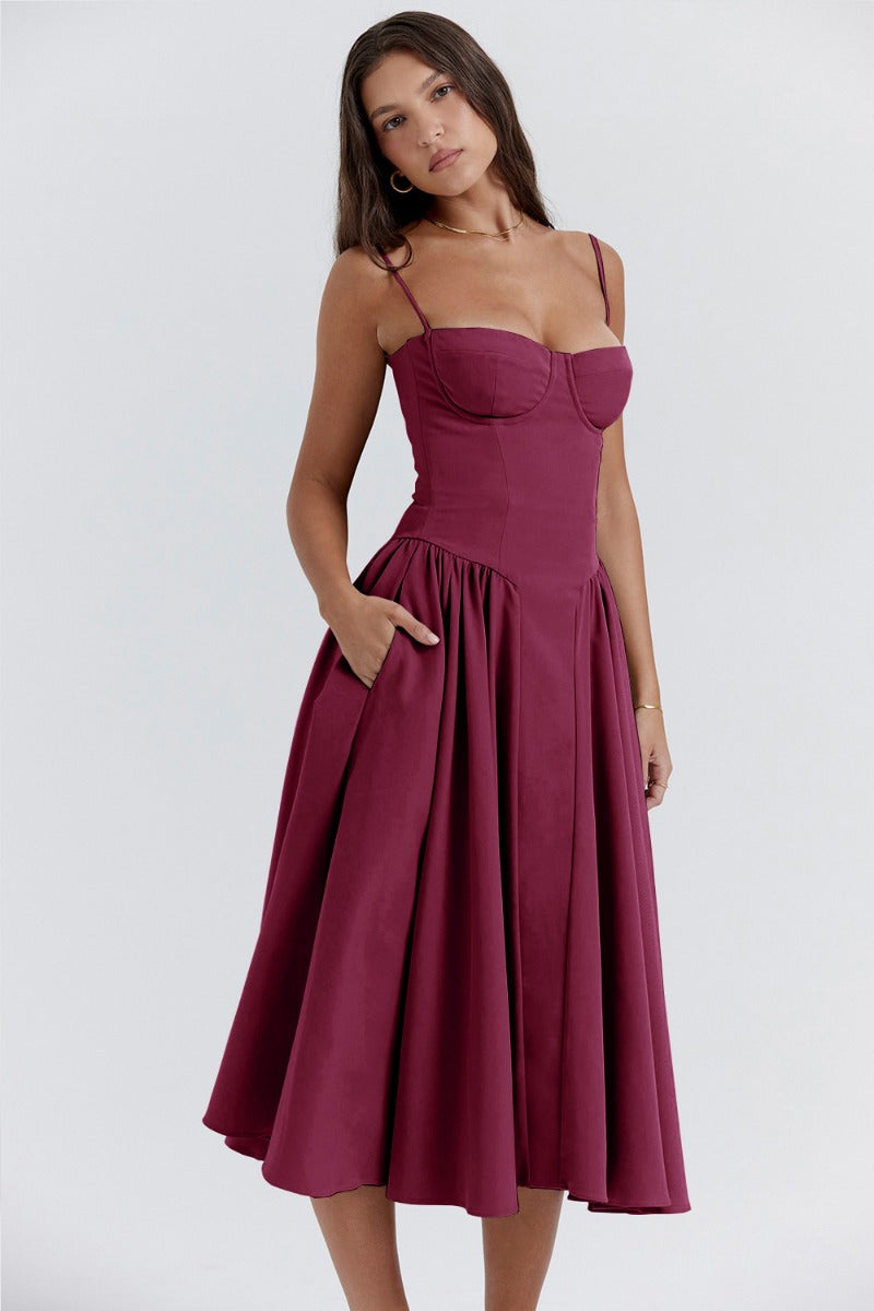 Dame Kjole – Midi, Struktureret Overdel, Plisseret Skørt, Spaghettistropper, Lommer, Elegant Stil-83506-20dc9fc4-adaa-410b-8e81-918d17f77a5a