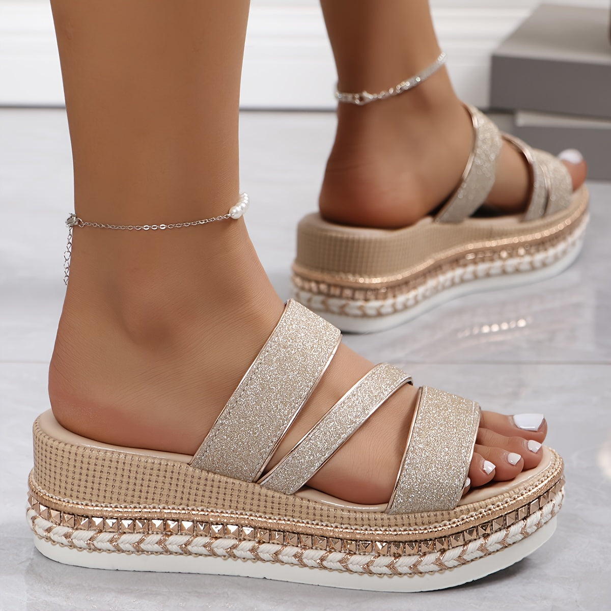 Glitter Platform Sandaler - Beige Festsko