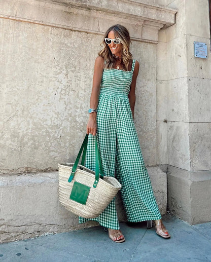 Gingham Jumpsuit med Smock og Brede Ben