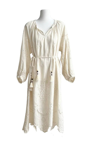 Boheme Midi Kjole med Broderi og Snøre