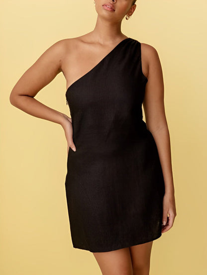 Norideen Dame Hør Mini Kjole – Asymmetrisk One-Shoulder Design-83276-2349a807-26e8-4dd0-a554-ecd9644cb5f6
