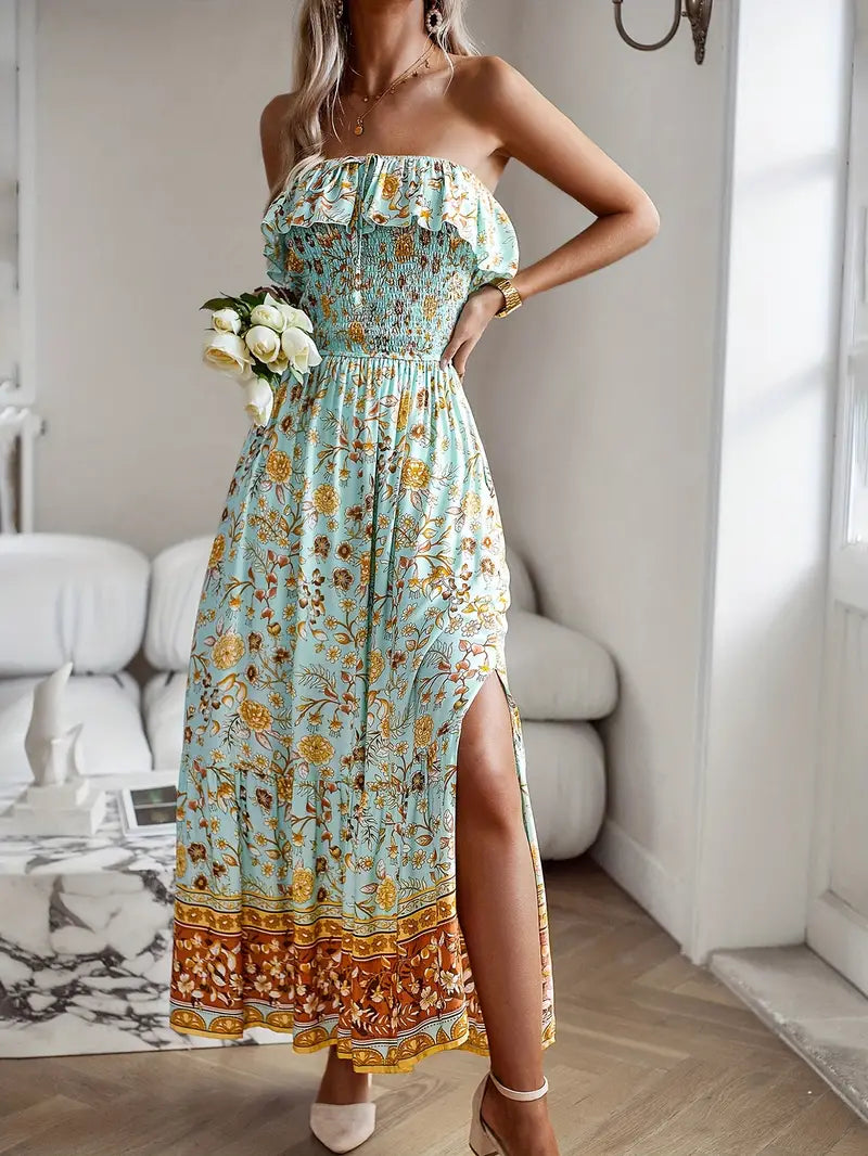 Stropløs Midi Kjole - Blomsterprint & Smock