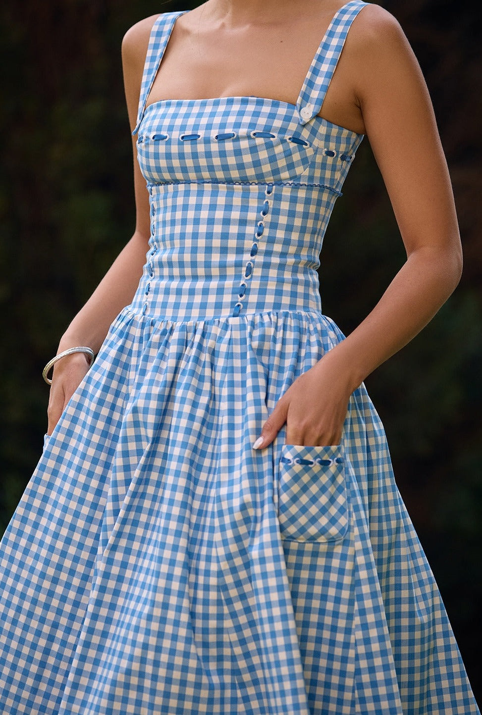 Kvinder Kjole – Gingham Mønster, Firkantet Halsudskæring, Knapper, Klassisk Stil-83592-278bf64e-4581-4afb-b158-7d26e6397d04