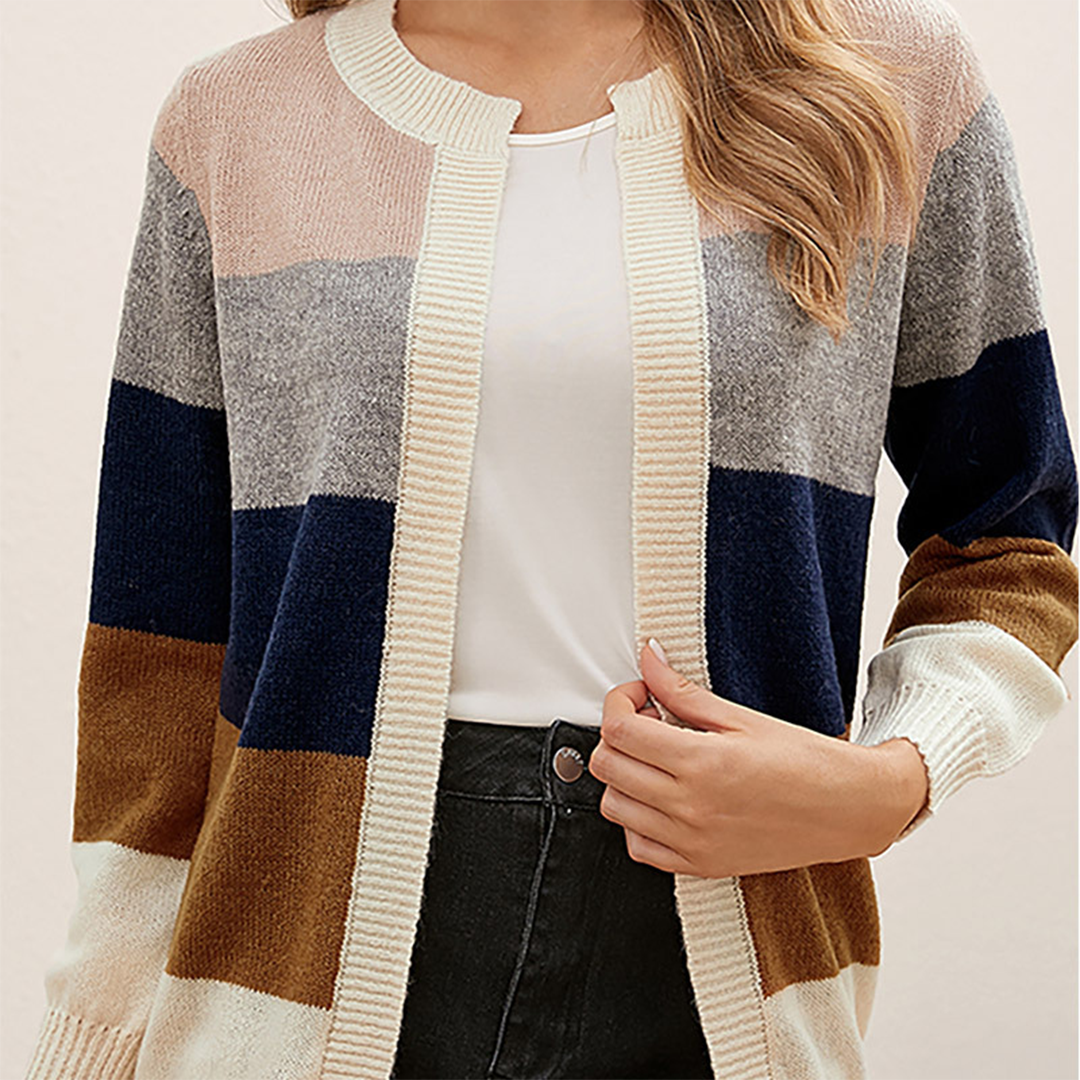 Dame Cardigan – Stribet Farveblok, Åben Front, Langærmet Strik-74430-2ad57d49-cef2-4307-bb7a-647797a0d093