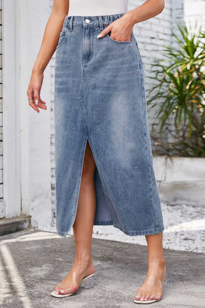 Denim Midi Nederdel med Slids og Høj Talje