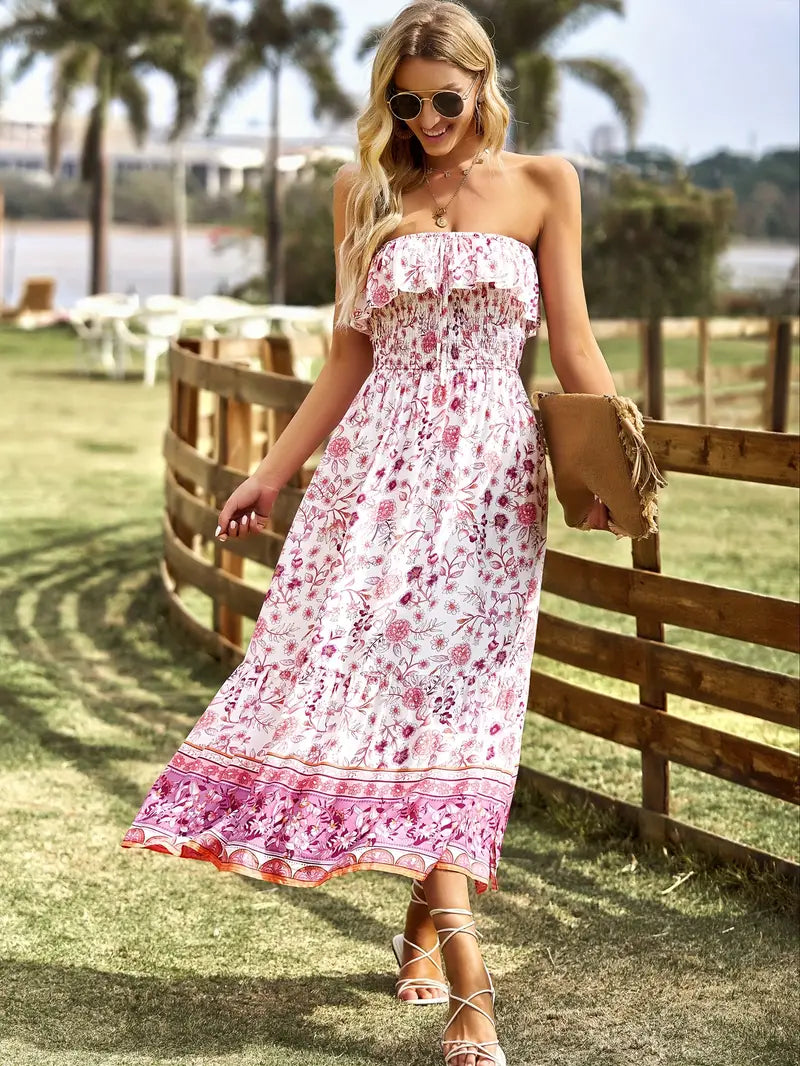 Stropløs Midi Kjole - Blomsterprint & Smock
