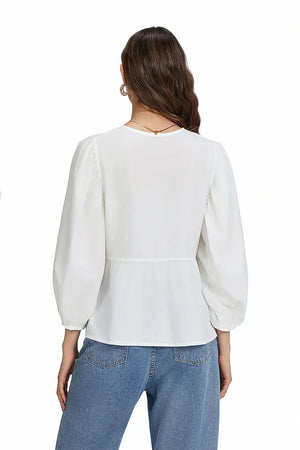 Norideen Dame Bluse med Sløjfedetaljer, Peplumkant og ¾-Ærmer – Fås i Flere Farver-83302-2fe72afe-77c8-4ca7-a92d-7fef74fd44fe