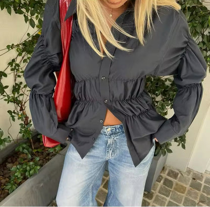 Dame Skjorte – Rynket Taljedetalje, Lange Ærmer, Knaplukning-83304-306cc4dd-26fc-4da2-9f90-6893f35e5dc7