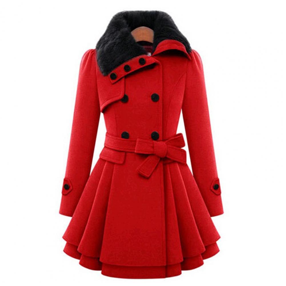 Kvinder Frakke – Dobbeltradet, Faux Fur Krave, Flared Skirt, Med Bælte-82347-308009fd-ca1f-4787-8ddf-947150d692c4