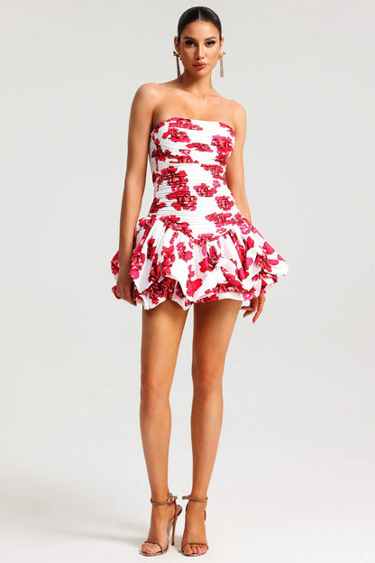 Kvinders Stropløse Kjole – Blomstret Mønster, Flæseskørt, Struktureret Korset-83685-35404da7-15a4-4609-ae42-4a20db7d8908