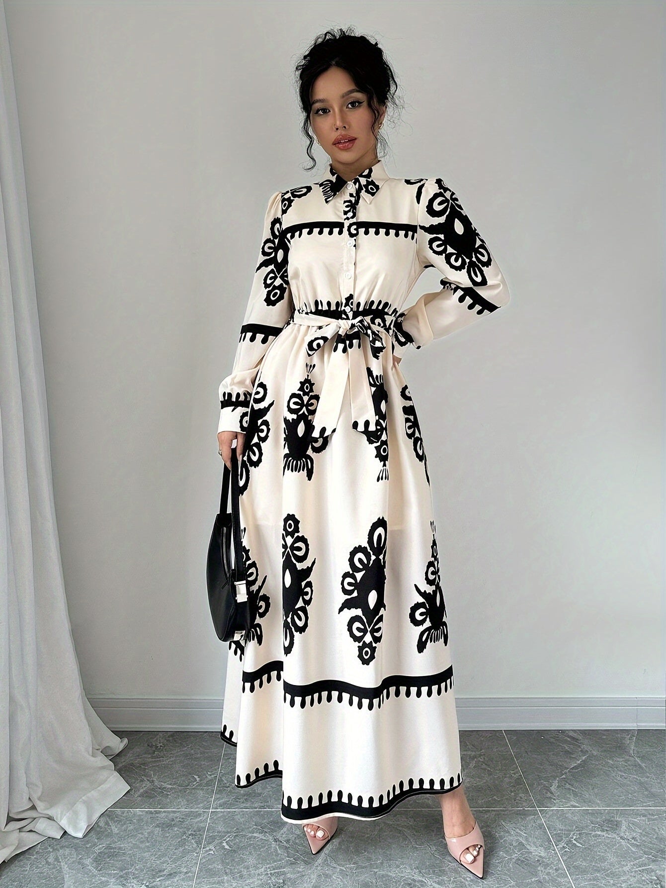 Dame Langærmet Kjole – Trykt Design, Bindebånd, Elegant Stil-83357-373e1c63-d441-4fae-b193-5d36a3d72081