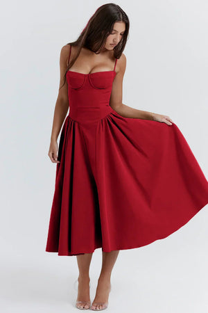 Dame Kjole – Midi, Struktureret Overdel, Plisseret Skørt, Spaghettistropper, Lommer, Elegant Stil-83506-3bb099d9-b45a-44df-a19a-7ab32cfe251f