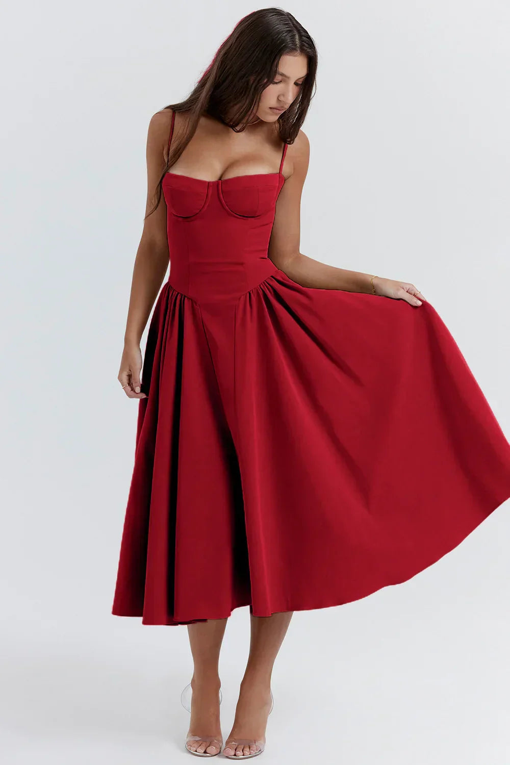 Dame Kjole – Midi, Struktureret Overdel, Plisseret Skørt, Spaghettistropper, Lommer, Elegant Stil-83506-3bb099d9-b45a-44df-a19a-7ab32cfe251f