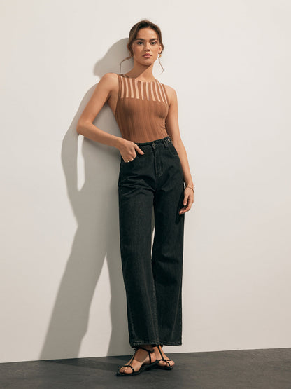 Ribstrikket Top med Gennemsigtige Striber