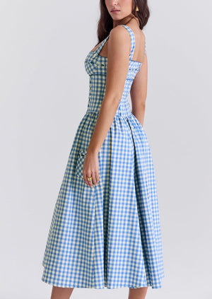 Kvinder Kjole – Gingham Mønster, Firkantet Halsudskæring, Knapper, Klassisk Stil-83592-408ad8e2-d51b-4e59-9988-dc96a80d2de5