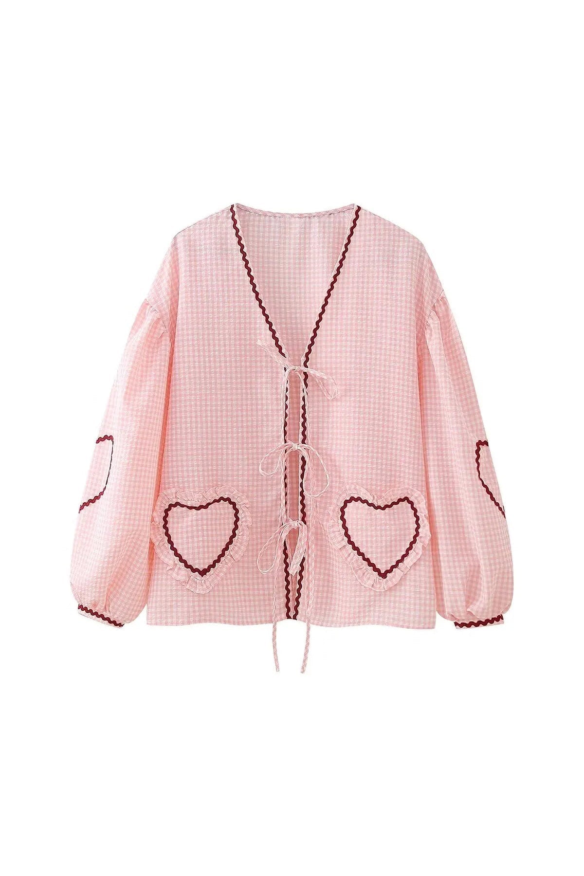 Dame Gingham Bluse med Hjerteformede Lommer, Rød Kant og Bindebånd Foran, Lange Ærmer-83307-44fea038-c94b-4511-85d5-4330bcb914c1