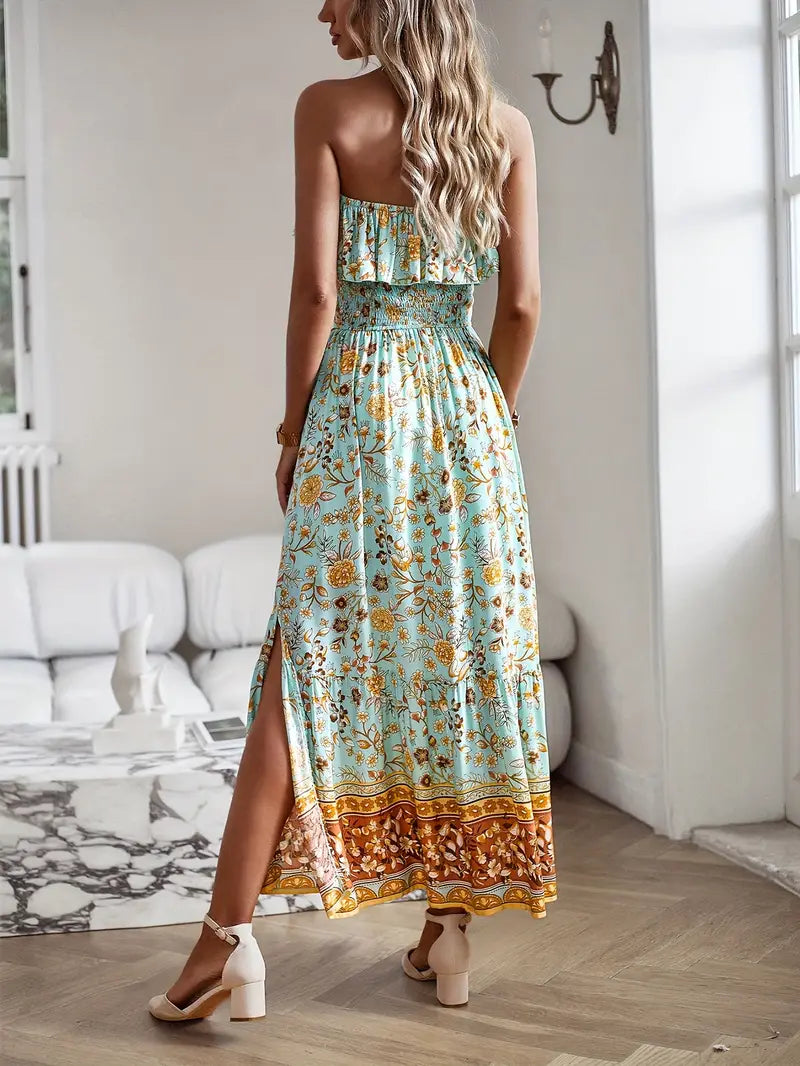 Stropløs Midi Kjole - Blomsterprint & Smock