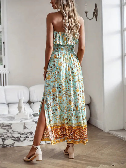 Stropløs Midi Kjole - Blomsterprint & Smock