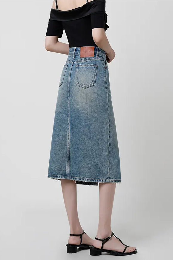 Denimnederdel med Slids og Rå Kant