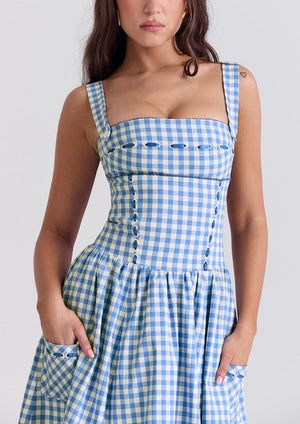 Kvinder Kjole – Gingham Mønster, Firkantet Halsudskæring, Knapper, Klassisk Stil-83592-4fdb9d00-b93d-4ace-bf13-3d9613a8dbc4
