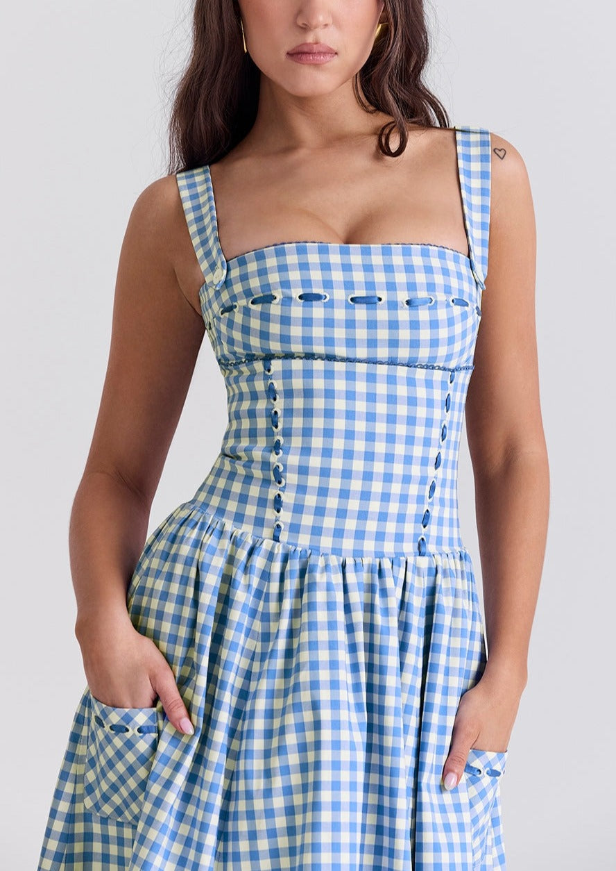 Kvinder Kjole – Gingham Mønster, Firkantet Halsudskæring, Knapper, Klassisk Stil-83592-4fdb9d00-b93d-4ace-bf13-3d9613a8dbc4
