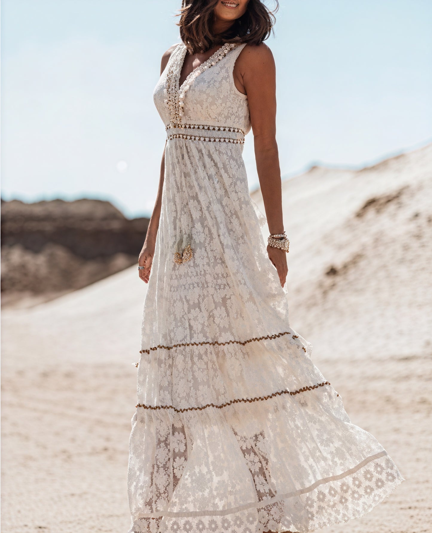Boheme Midi Kjole - Blonde V-Udskæring