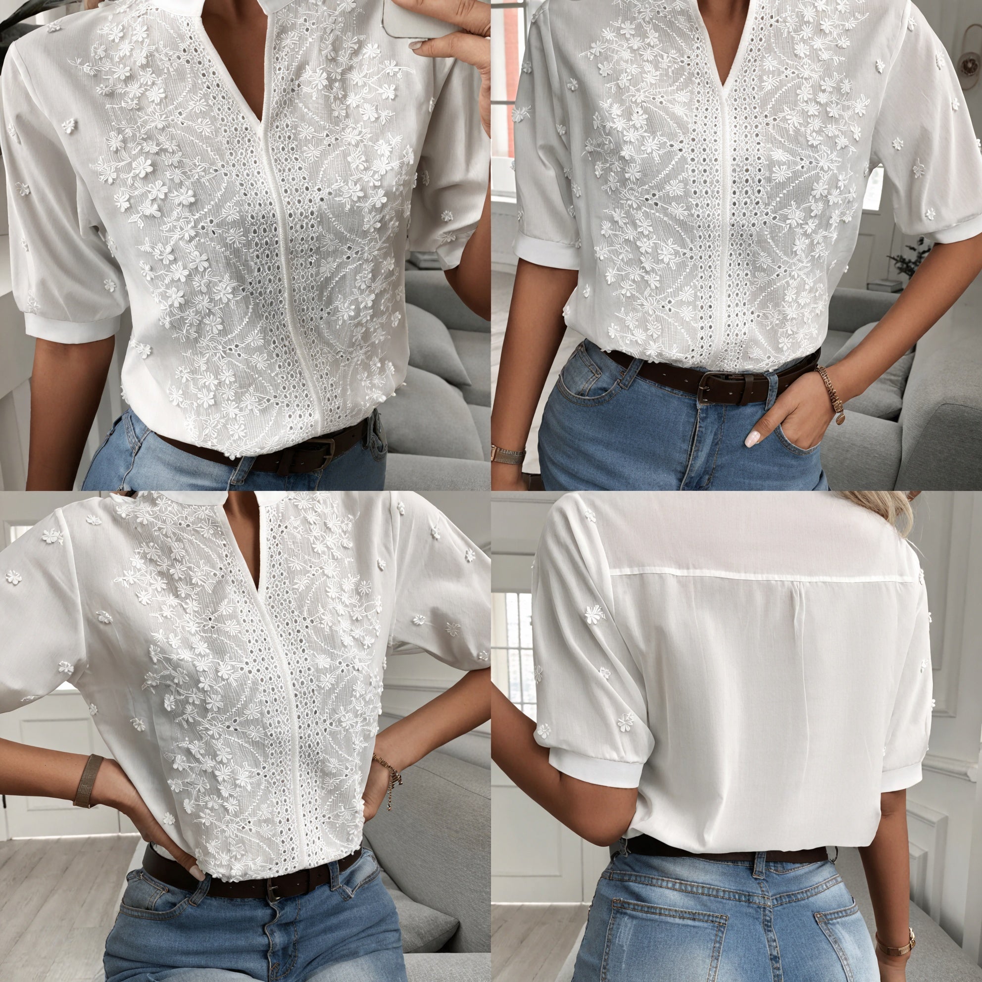 Broderet Bluse med Pufærmer og Blomster