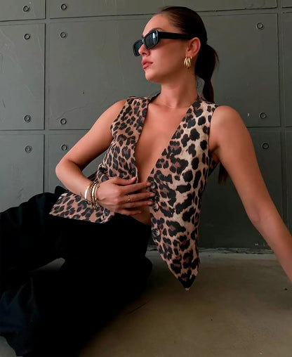 Leopard Vest med V-udskæring og Knapper