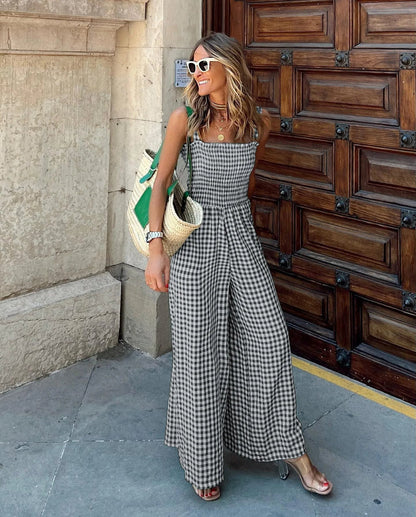 Gingham Jumpsuit med Smock og Brede Ben