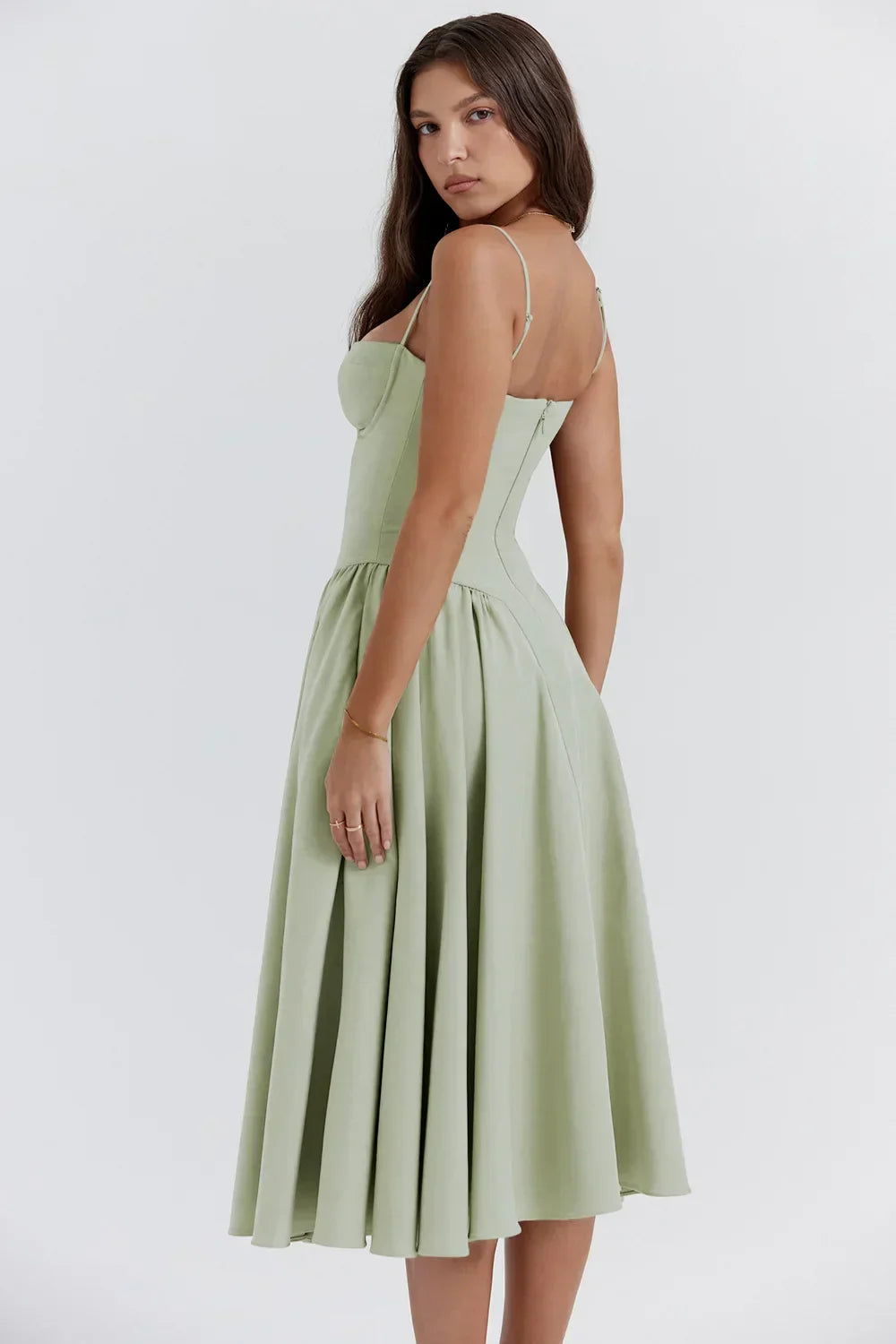 Dame Kjole – Midi, Struktureret Overdel, Plisseret Skørt, Spaghettistropper, Lommer, Elegant Stil-83506-55acdb66-d5c0-4829-86bc-a61c223d3e41