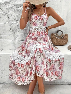 Blomstret Midi Kjole - Blondekant & V-Hals
