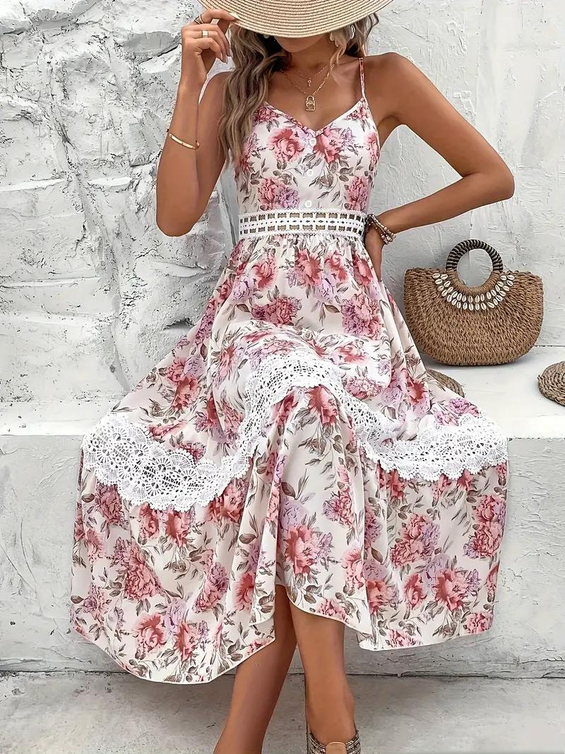 Blomstret Midi Kjole - Blondekant & V-Hals