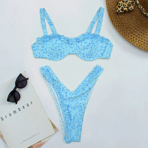 Blomstret Bikini Sæt med Flæsekanter