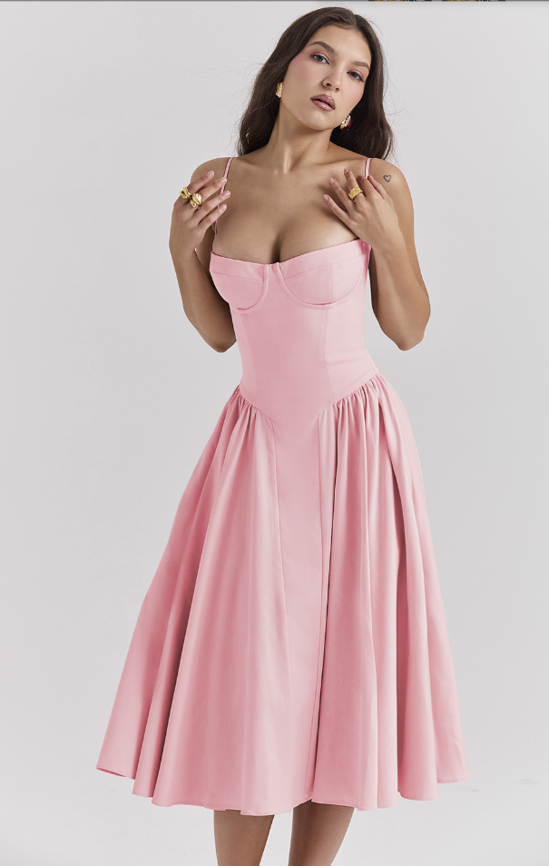 Dame Kjole – Midi, Struktureret Overdel, Plisseret Skørt, Spaghettistropper, Lommer, Elegant Stil-83506-59c52140-98fd-4ce8-970e-c6134fe21077
