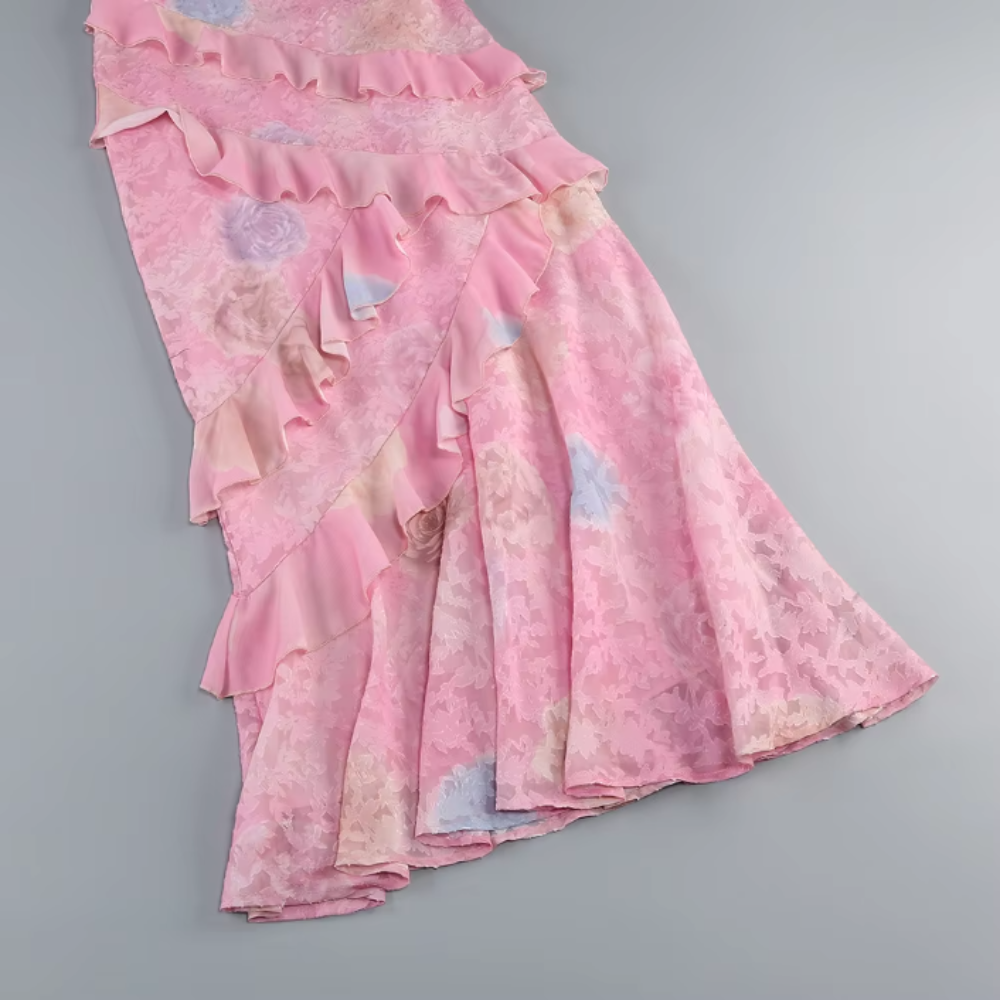 Blomstret Kjole med Spaghettistropper og Flæser