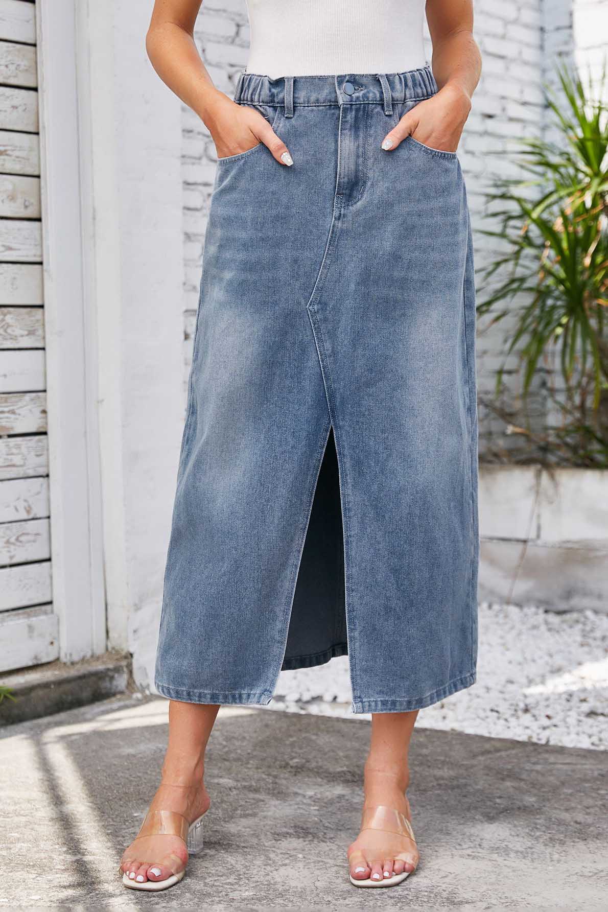 Denim Midi Skirt med Slids