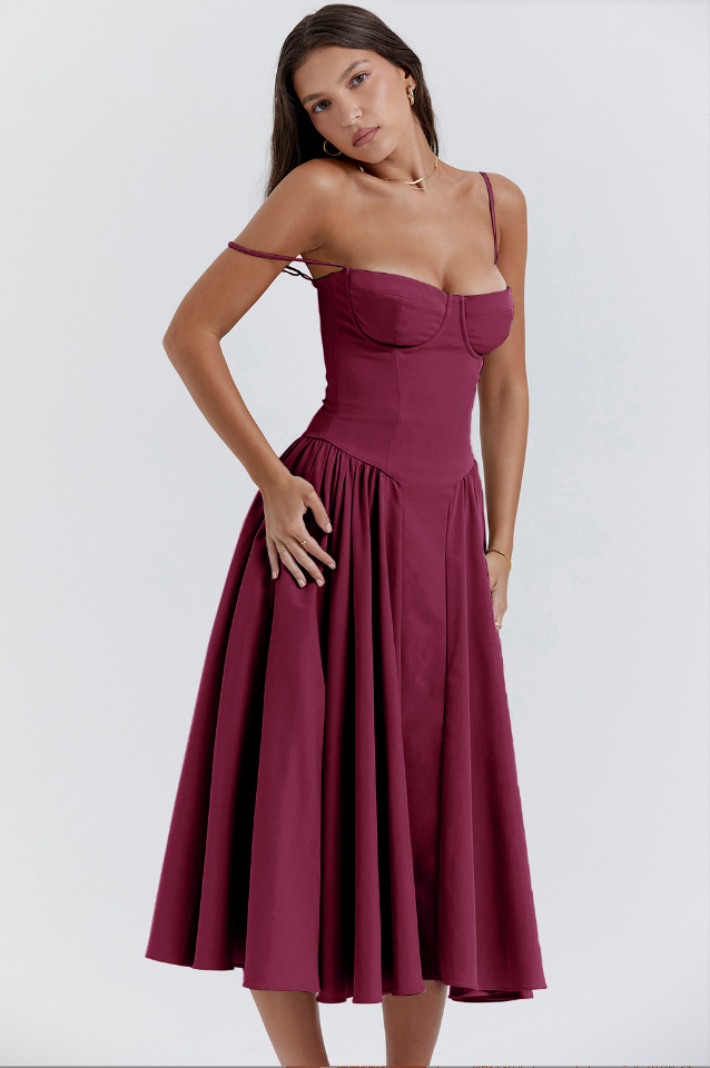 Dame Kjole – Midi, Struktureret Overdel, Plisseret Skørt, Spaghettistropper, Lommer, Elegant Stil-83506-5ec8a616-a471-4894-98b6-a1024b7fc681