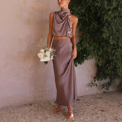 Cropped Halterneck Kjolesæt - Satin Maxi Skørt