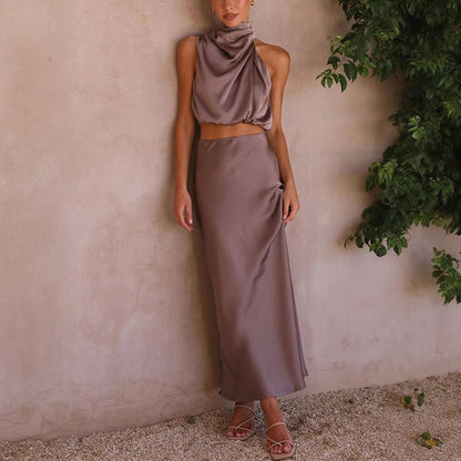 Cropped Halterneck Kjolesæt - Satin Maxi Skørt