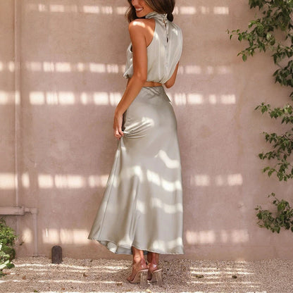 Cropped Halterneck Kjolesæt - Satin Maxi Skørt