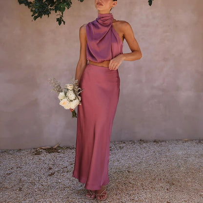 Cropped Halterneck Kjolesæt - Satin Maxi Skørt
