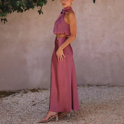 Cropped Halterneck Kjolesæt - Satin Maxi Skørt