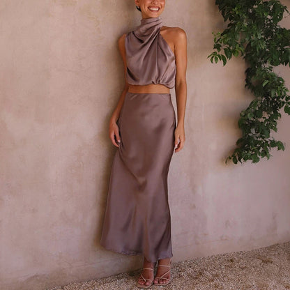 Cropped Halterneck Kjolesæt - Satin Maxi Skørt