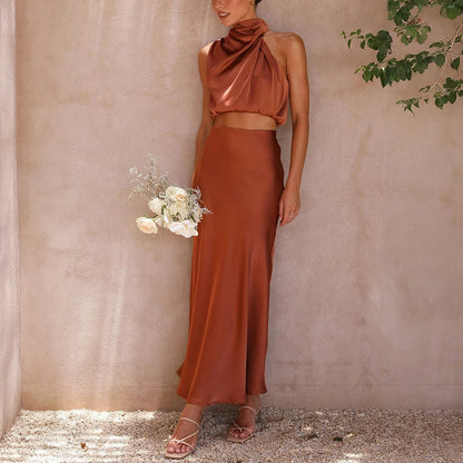 Cropped Halterneck Kjolesæt - Satin Maxi Skørt
