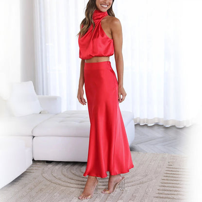 Cropped Halterneck Kjolesæt - Satin Maxi Skørt