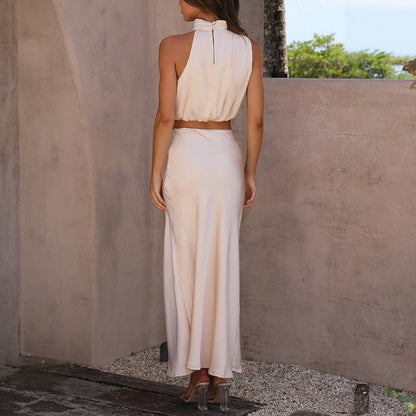Cropped Halterneck Kjolesæt - Satin Maxi Skørt