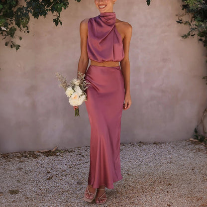 Cropped Halterneck Kjolesæt - Satin Maxi Skørt