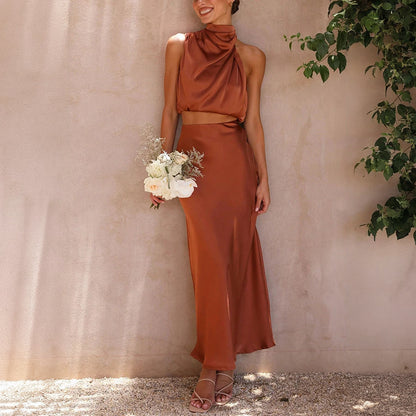 Cropped Halterneck Kjolesæt - Satin Maxi Skørt