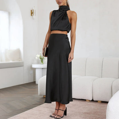 Cropped Halterneck Kjolesæt - Satin Maxi Skørt